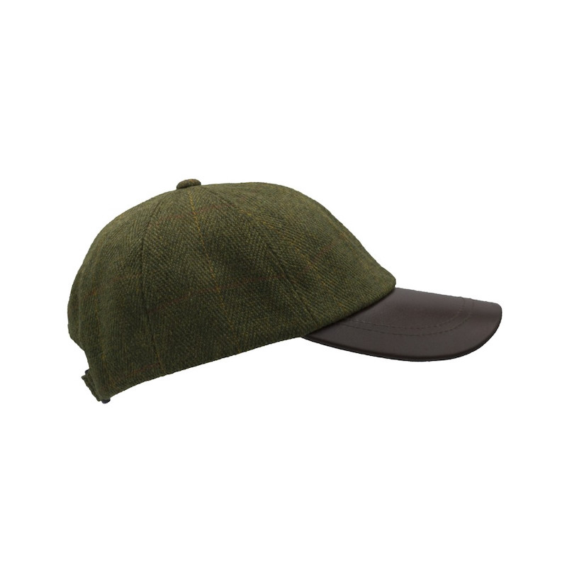 Made in UK Tweed Baseball Cap with Leather Peak One-Size Colour Dark Sage